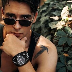 Men Steampunk Black Leather Watch Dial Multi-Layer Strap Wide Cuff Analog Quartz